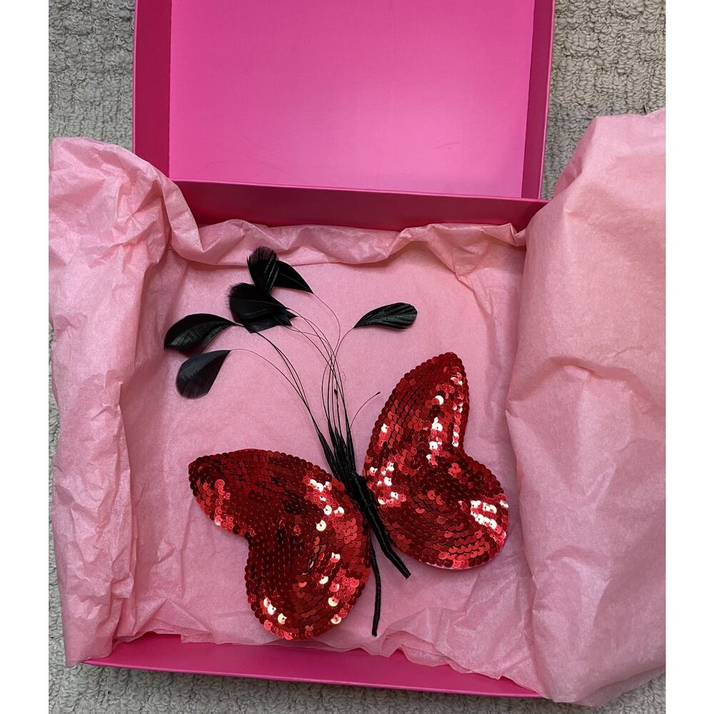 VTG Emanuel Ungaro Red Sequin Butterfly Brooch NEW BOX Feathers Large